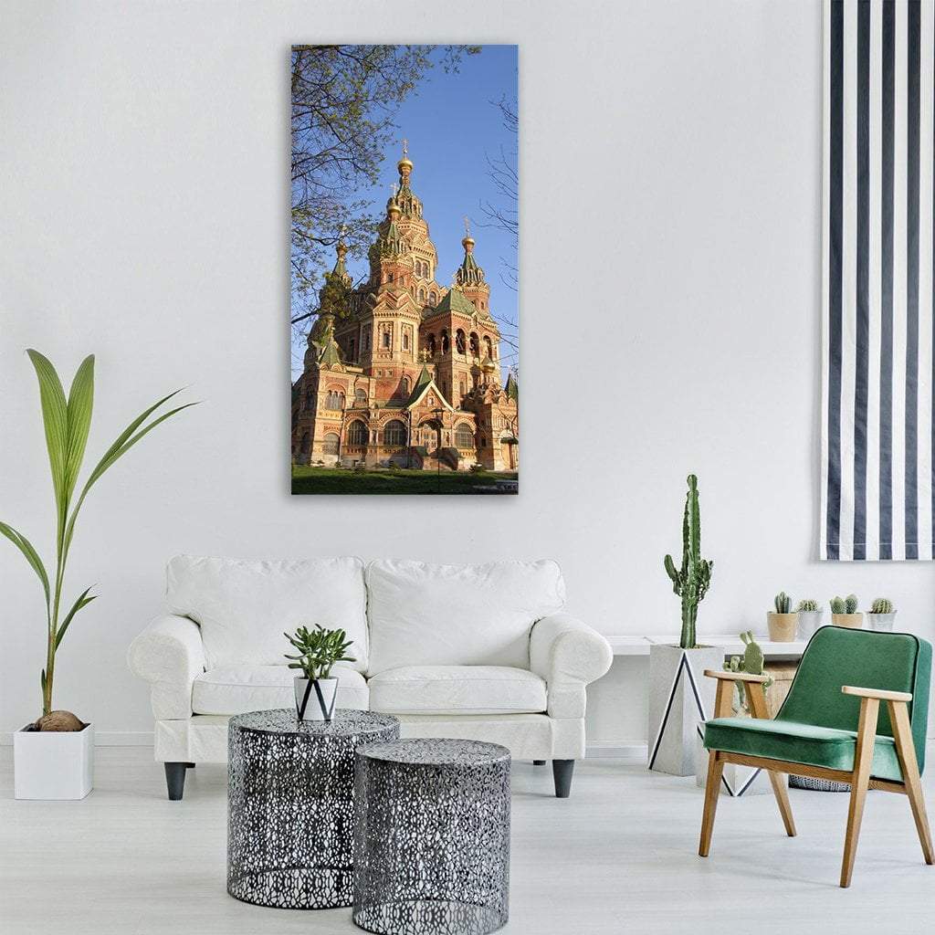 Russian Orthodox Cathedral with Onion Domes Vertical Canvas Wall Art in brown, gold and blue, single vertical panel hung on a wall