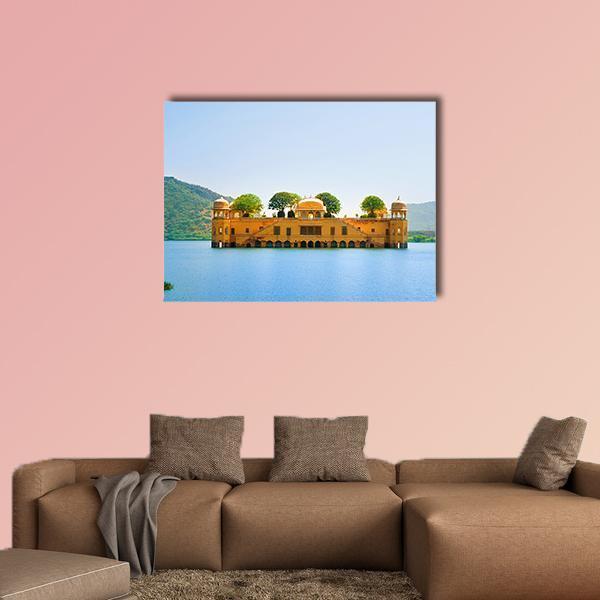 Jal Mahal Palace on Lake Canvas Wall Art in gold, yellow and blue, single panel hung on a wall