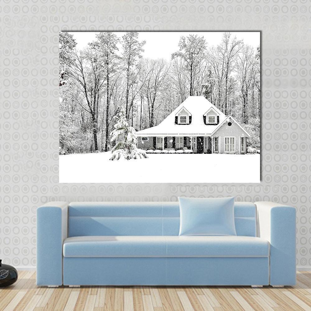 Frosty Home in Winter Canvas Wall Art in black, white and gray, single panel hung on a wall