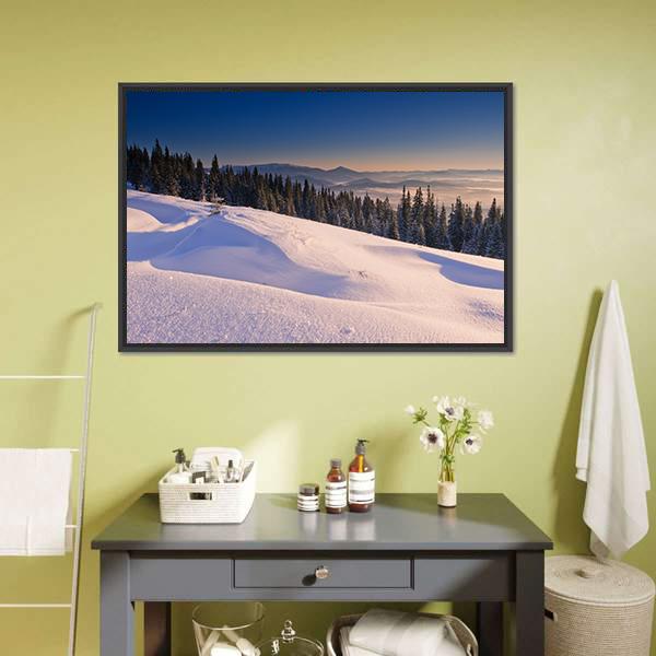 Frosty &amp; Sunny Day In Mountains Canvas Wall Art-1 Piece-Floating Frame-24" x 16"-Tiaracle
