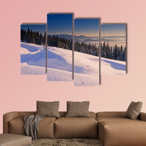 Frosty &amp; Sunny Day In Mountains Canvas Wall Art-4 Pop-Gallery Wrap-50" x 32"-Tiaracle