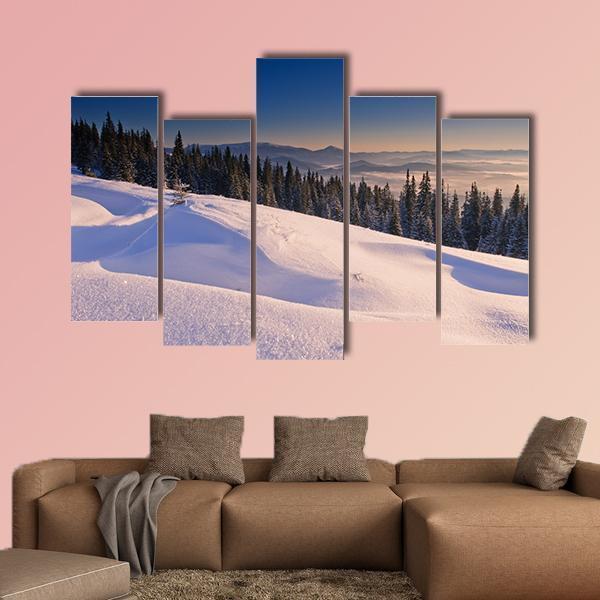 Frosty & Sunny Day In Mountains Canvas Wall Art-5 Pop-Gallery Wrap-47" x 32"-Tiaracle