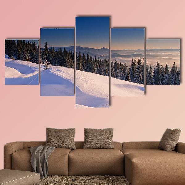 Frosty & Sunny Day In Mountains Canvas Wall Art-5 Star-Gallery Wrap-62" x 32"-Tiaracle