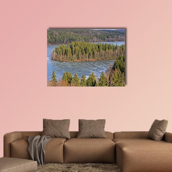 Frozen Lake in Forest Canvas Wall Art in brown, green and blue, single panel hung on a wall