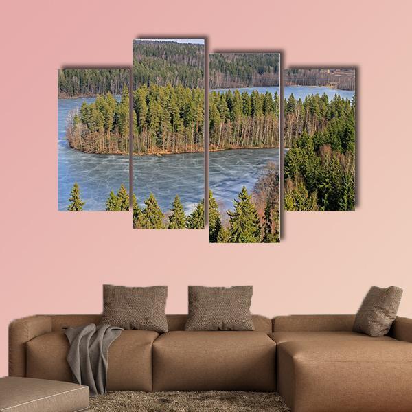Frozen Lake In Forest Canvas Wall Art-4 Pop-Gallery Wrap-50&quot; x 32&quot;-Tiaracle