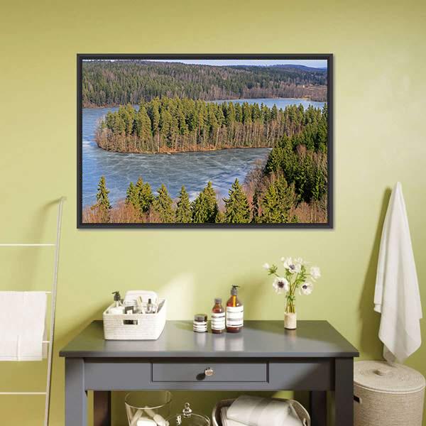 Frozen Lake In Forest Canvas Wall Art-1 Piece-Floating Frame-24" x 16"-Tiaracle
