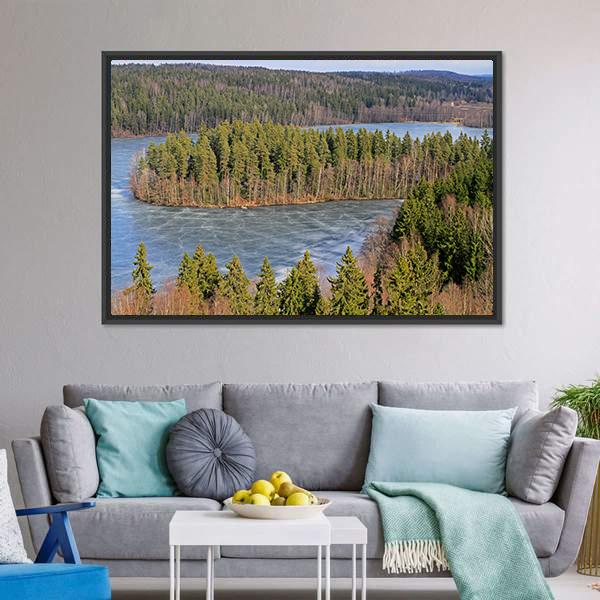 Frozen Lake In Forest Canvas Wall Art-3 Horizontal-Gallery Wrap-25&quot; x 16&quot;-Tiaracle