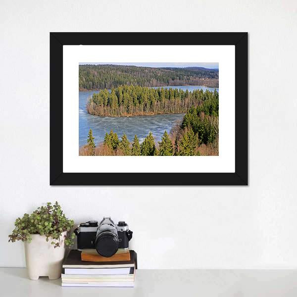 Frozen Lake In Forest Canvas Wall Art-1 Piece-Framed Print-20" x 16"-Tiaracle