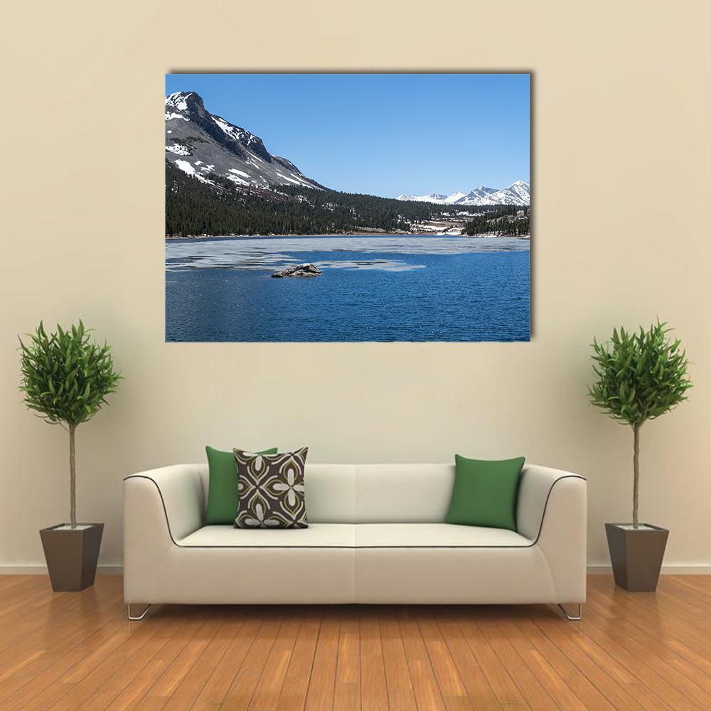 Frozen Lake in Yosemite National Park Canvas Wall Art in white, gray and blue, single panel hung on a wall