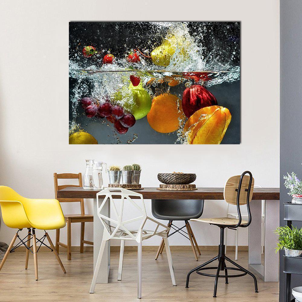 Mixed Fruit Underwater Splash Canvas Wall Art in black and multicolor, single panel hung on a wall