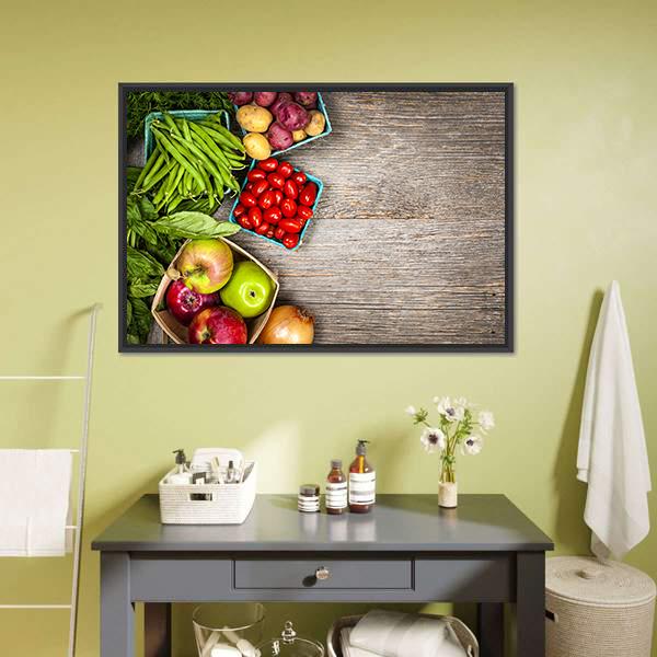 Fruits and Vegetables Canvas Wall Art in brown, red and green, framed canvas, product view on a white background