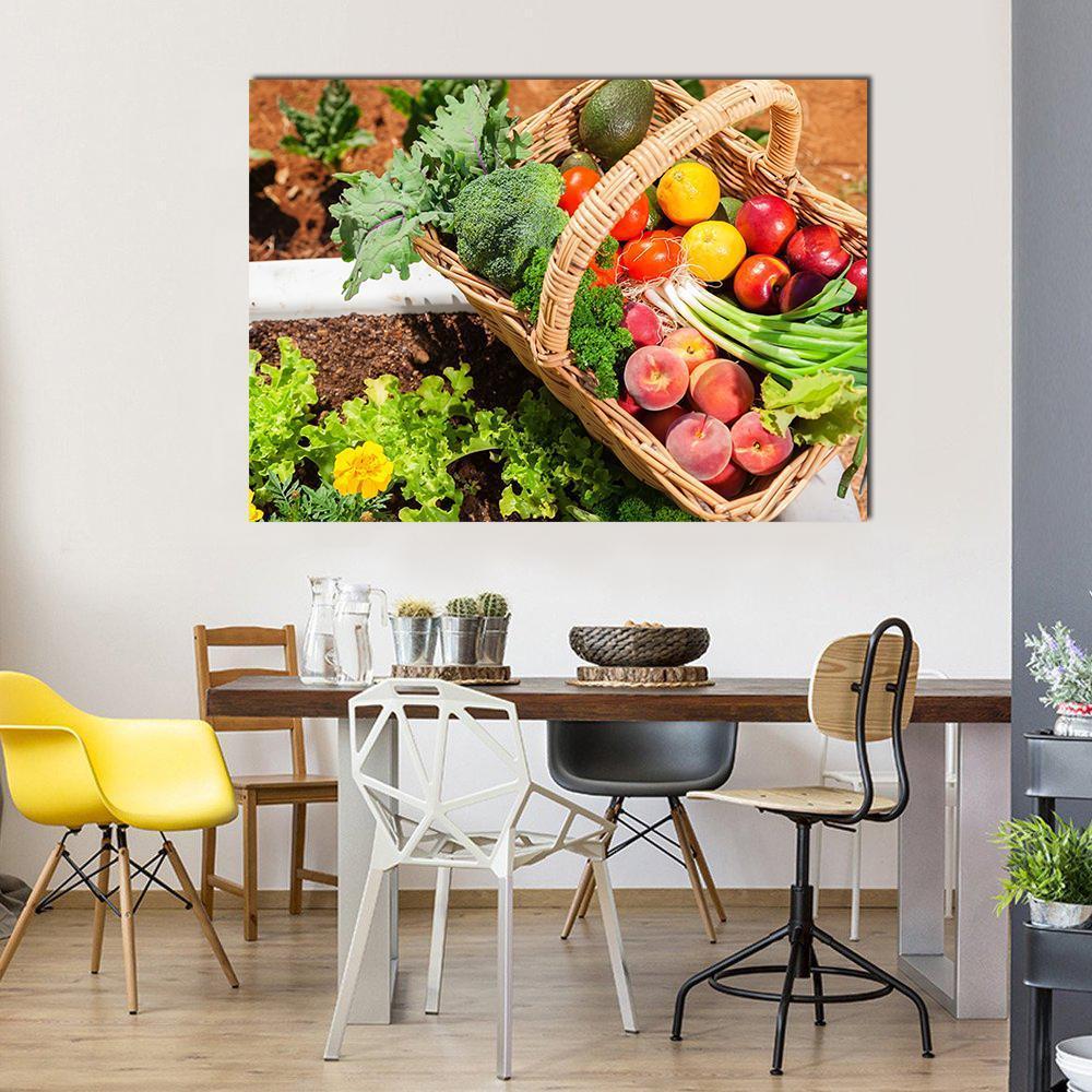 Fruits and Vegetables in Basket Canvas Wall Art in brown, green and multicolor, single panel hung on a wall