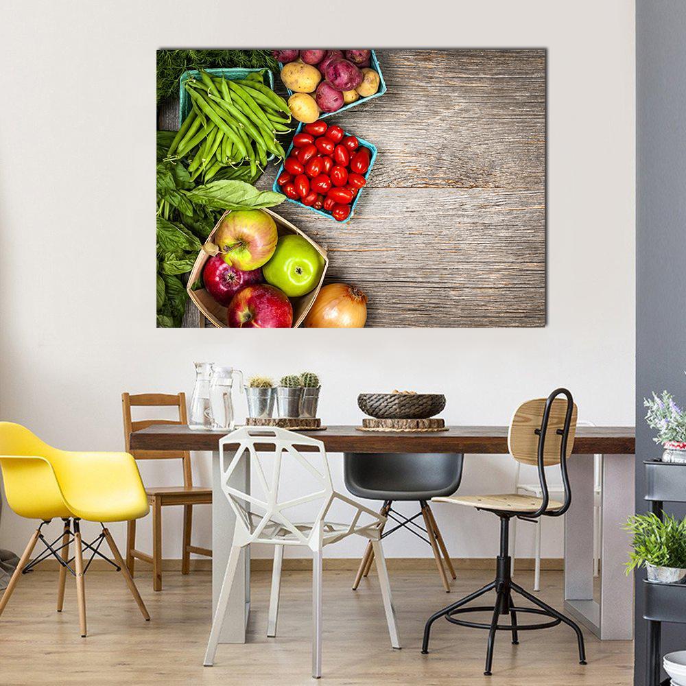 Fruits and Vegetables Canvas Wall Art in brown, red and green, single panel hung on a wall