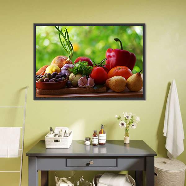 Fruits With Vegetables On Table Canvas Wall Art-1 Piece-Floating Frame-24" x 16"-Tiaracle