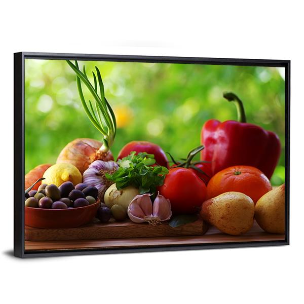 Fruits With Vegetables On Table Canvas Wall Art-3 Horizontal-Gallery Wrap-25" x 16"-Tiaracle