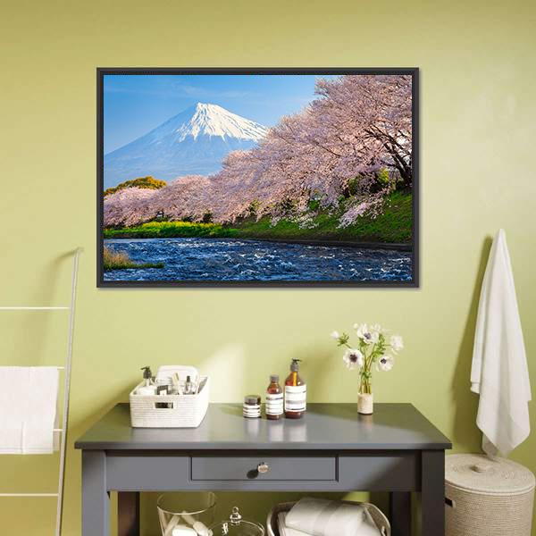 Fuji &amp; Sakura At River Canvas Wall Art-1 Piece-Floating Frame-24" x 16"-Tiaracle