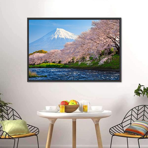 Fuji &amp; Sakura At River Canvas Wall Art-3 Horizontal-Gallery Wrap-25" x 16"-Tiaracle
