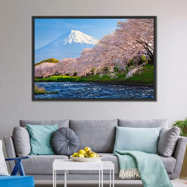 Fuji &amp; Sakura At River Canvas Wall Art-3 Horizontal-Gallery Wrap-25" x 16"-Tiaracle
