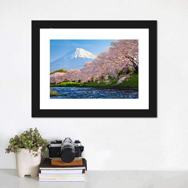 Fuji &amp; Sakura At River Canvas Wall Art-1 Piece-Framed Print-20" x 16"-Tiaracle