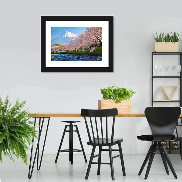 Fuji &amp; Sakura At River Canvas Wall Art-3 Horizontal-Gallery Wrap-25" x 16"-Tiaracle