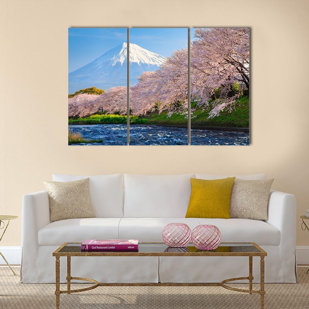 Fuji &amp; Sakura At River Canvas Wall Art-3 Horizontal-Gallery Wrap-37" x 24"-Tiaracle