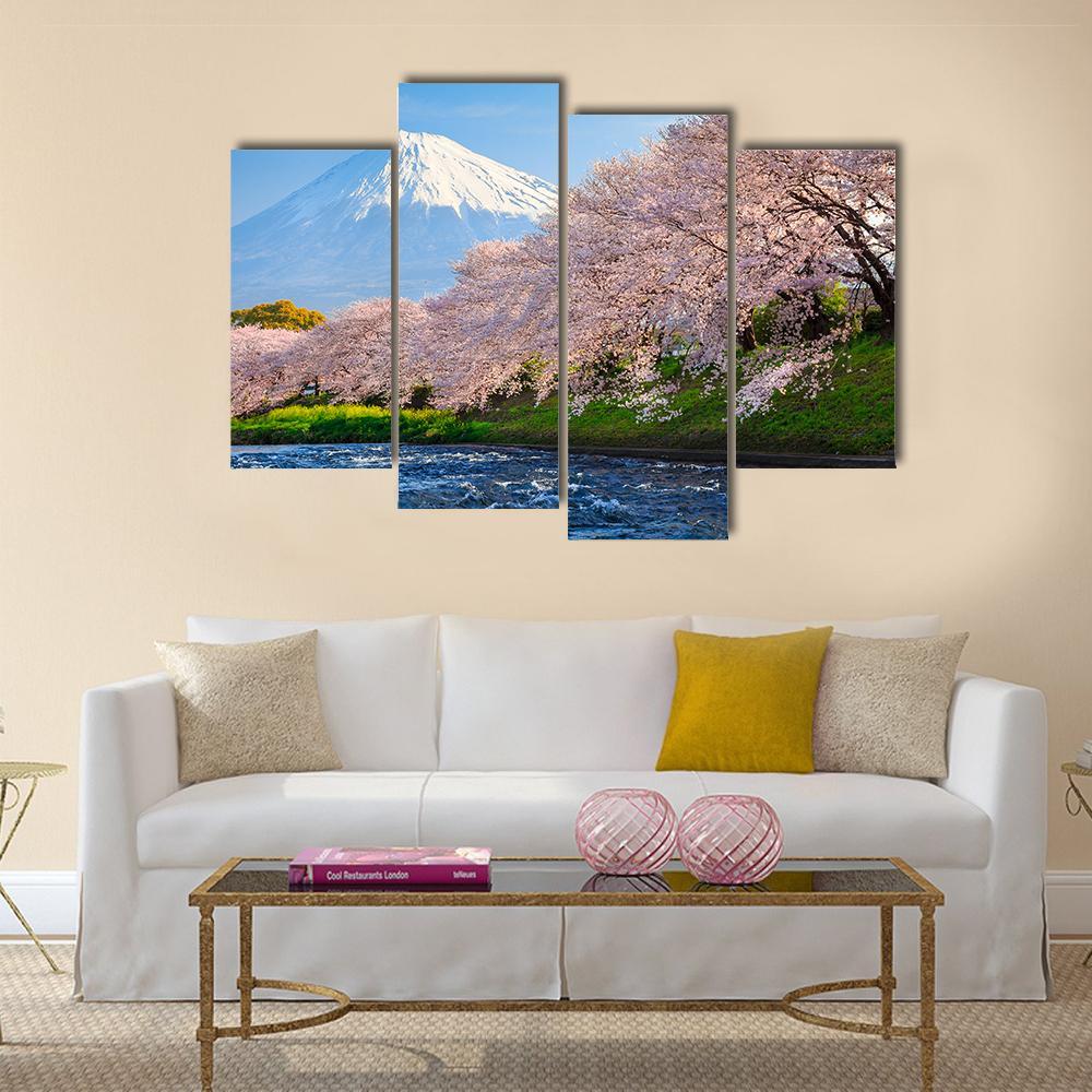 Fuji &amp; Sakura At River Canvas Wall Art-4 Pop-Gallery Wrap-50" x 32"-Tiaracle