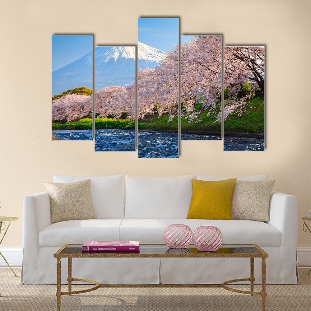 Fuji &amp; Sakura At River Canvas Wall Art-5 Pop-Gallery Wrap-47" x 32"-Tiaracle