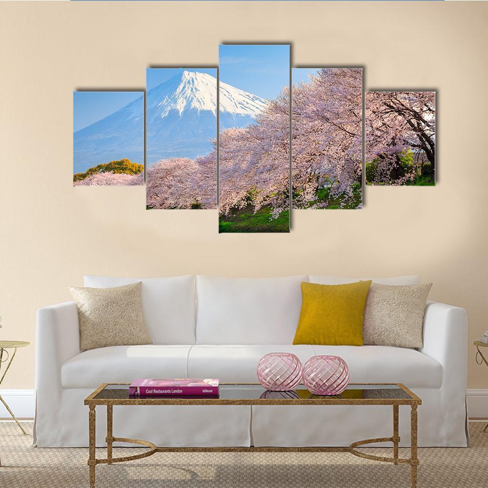 Fuji &amp; Sakura At River Canvas Wall Art-5 Star-Gallery Wrap-62" x 32"-Tiaracle