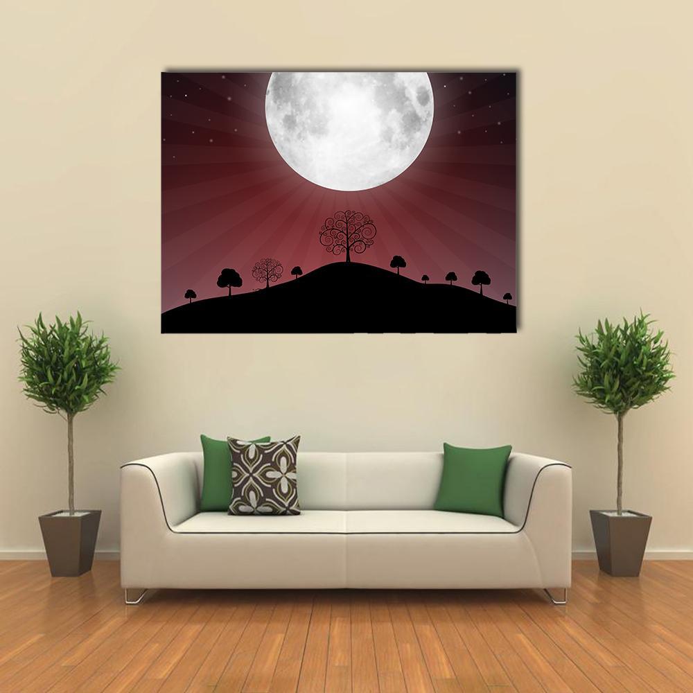 Glowing Full Moon Over Silhouetted Hills Canvas Wall Art in black, white and red, single panel hung on a wall
