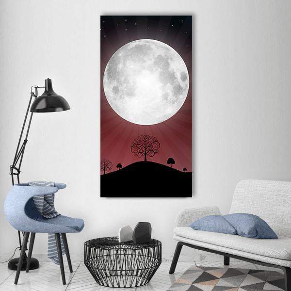Full Moon Over Silhouetted Trees Vertical Canvas Wall Art in black, white and red, single vertical panel hung on a wall