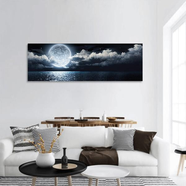 Moon On Sea At Night Panoramic Canvas Wall Art-1 Piece-36&quot; x 12&quot;-Tiaracle