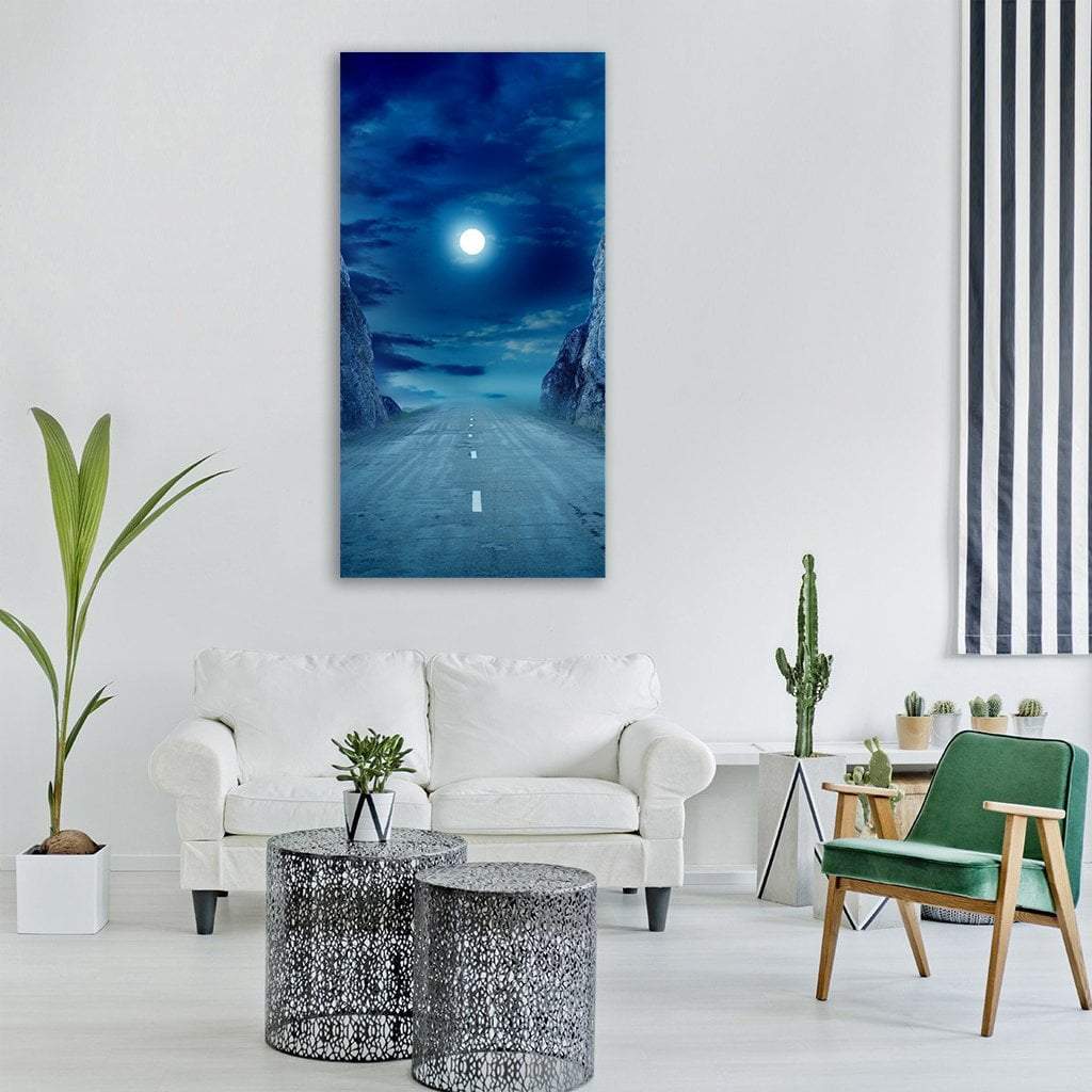 Road to the Moon Vertical Canvas Wall Art in white, blue and navy, single vertical panel hung on a wall
