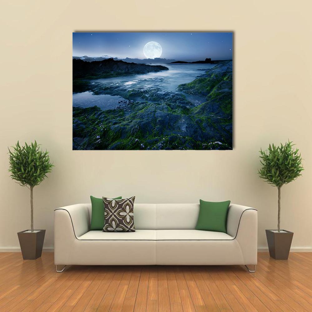 Full Moon Over Mossy Coastline Canvas Wall Art in black, green and blue, single panel hung on a wall