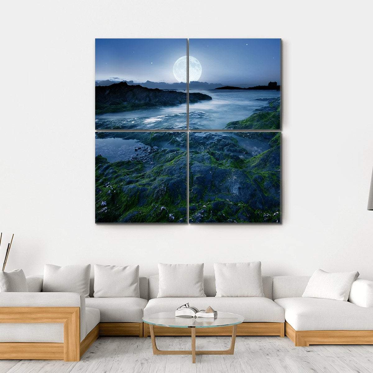 Moon Over Coast Cornwall Canvas Wall Art-4 Square-Gallery Wrap-17" x 17"-Tiaracle