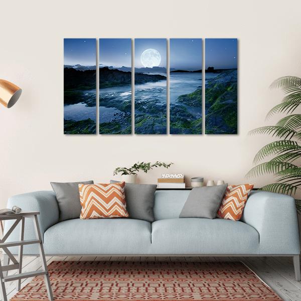 Moon Over Coast Cornwall Canvas Wall Art-5 Horizontal-Gallery Wrap-22" x 12"-Tiaracle