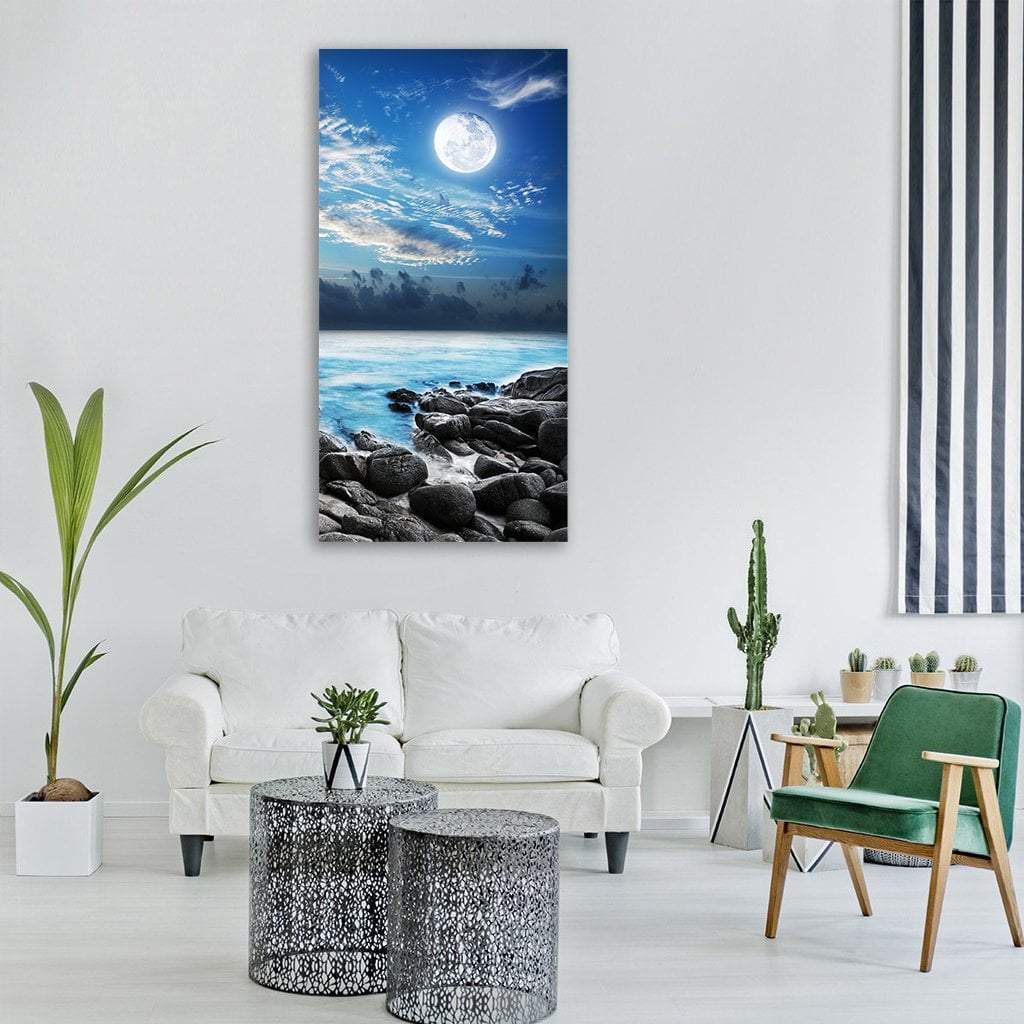 Moon Over Tropical Bay Vertical Canvas Wall Art-1 Vertical-Gallery Wrap-12" x 24"-Tiaracle