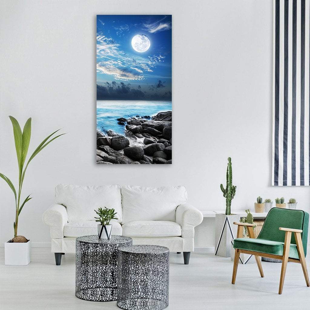 Moon Over Tropical Bay Vertical Canvas Wall Art-3 Vertical-Gallery Wrap-12" x 25"-Tiaracle