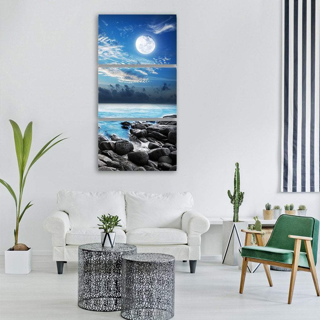 Moon Over Tropical Bay Vertical Canvas Wall Art-3 Vertical-Gallery Wrap-12" x 25"-Tiaracle