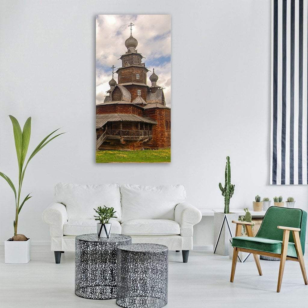 Russian Wooden Church with Onion Domes Vertical Canvas Wall Art in gray, brown and blue, single vertical panel hung on a wall