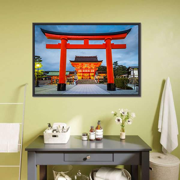 Fushimi Inari Torii Gate at Dusk Canvas Wall Art in red, orange and blue, framed canvas, product view on a white background