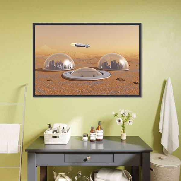 Future Human Colony On Mars Canvas Wall Art-1 Piece-Floating Frame-24" x 16"-Tiaracle