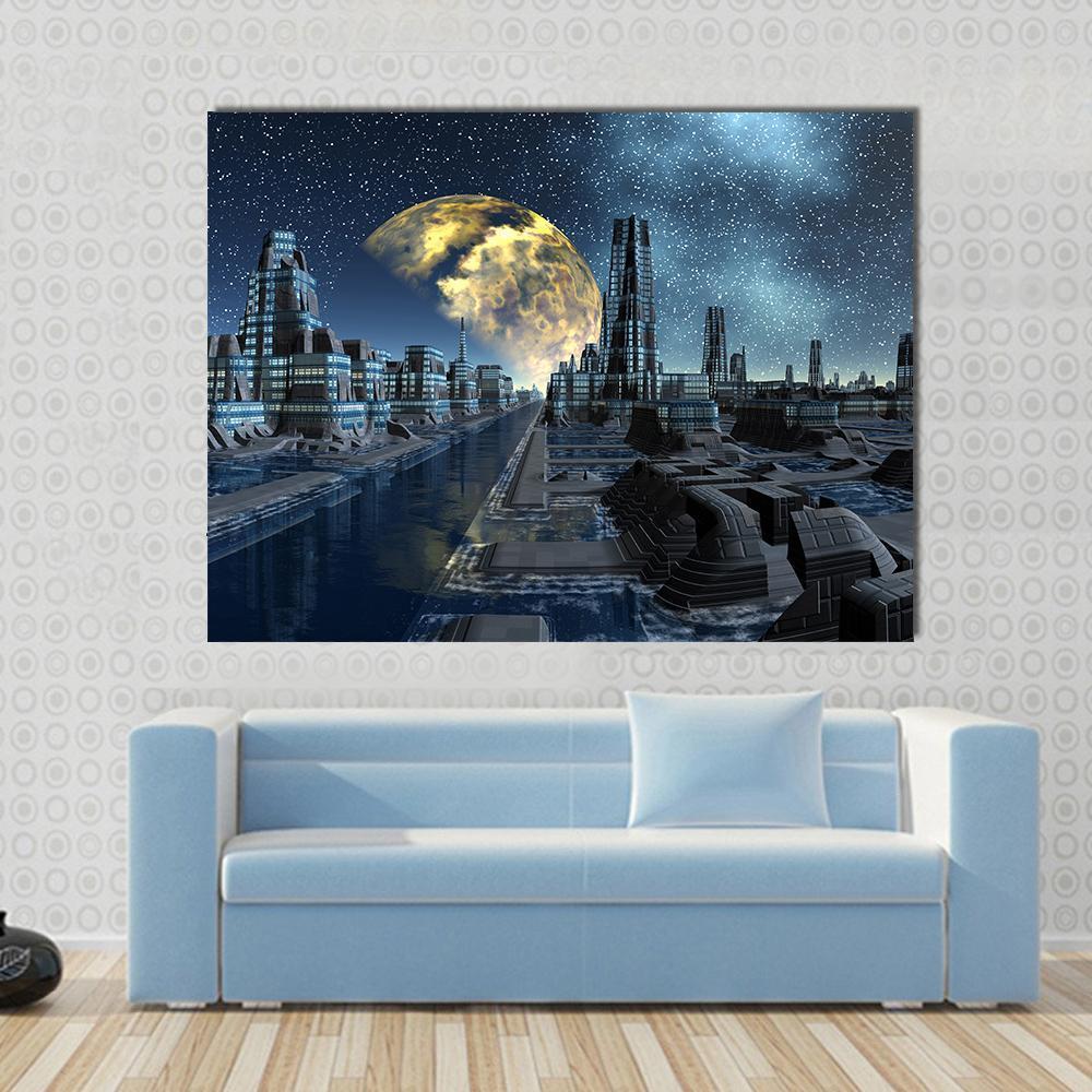 Futuristic Alien City Base Canvas Wall Art in black, gold and blue, single panel hung on a wall