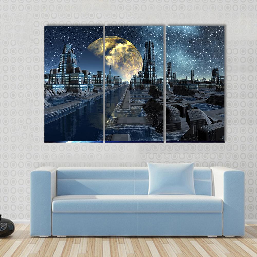 Futuristic Alien City Base Canvas Wall Art-3 Horizontal-Gallery Wrap-37" x 24"-Tiaracle
