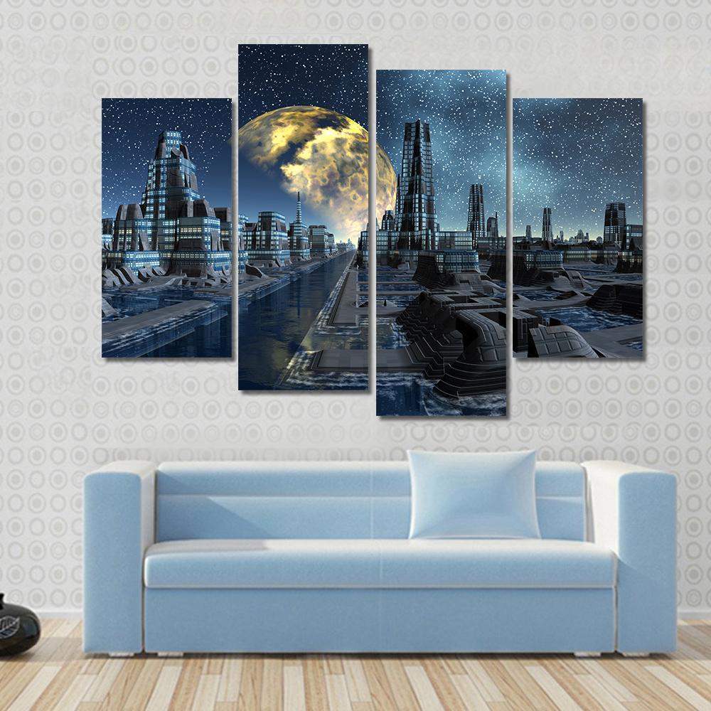 Futuristic Alien City Base Canvas Wall Art-4 Pop-Gallery Wrap-50" x 32"-Tiaracle