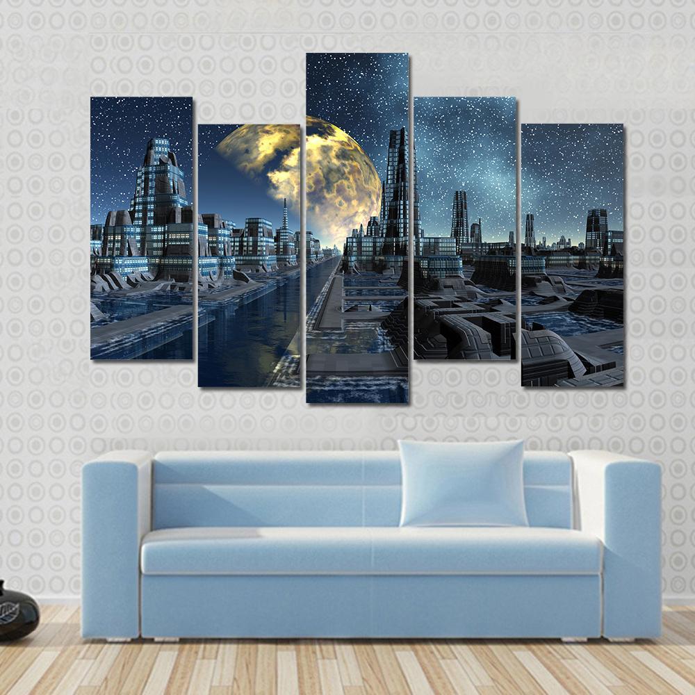 Futuristic Alien City Base Canvas Wall Art-5 Pop-Gallery Wrap-47" x 32"-Tiaracle