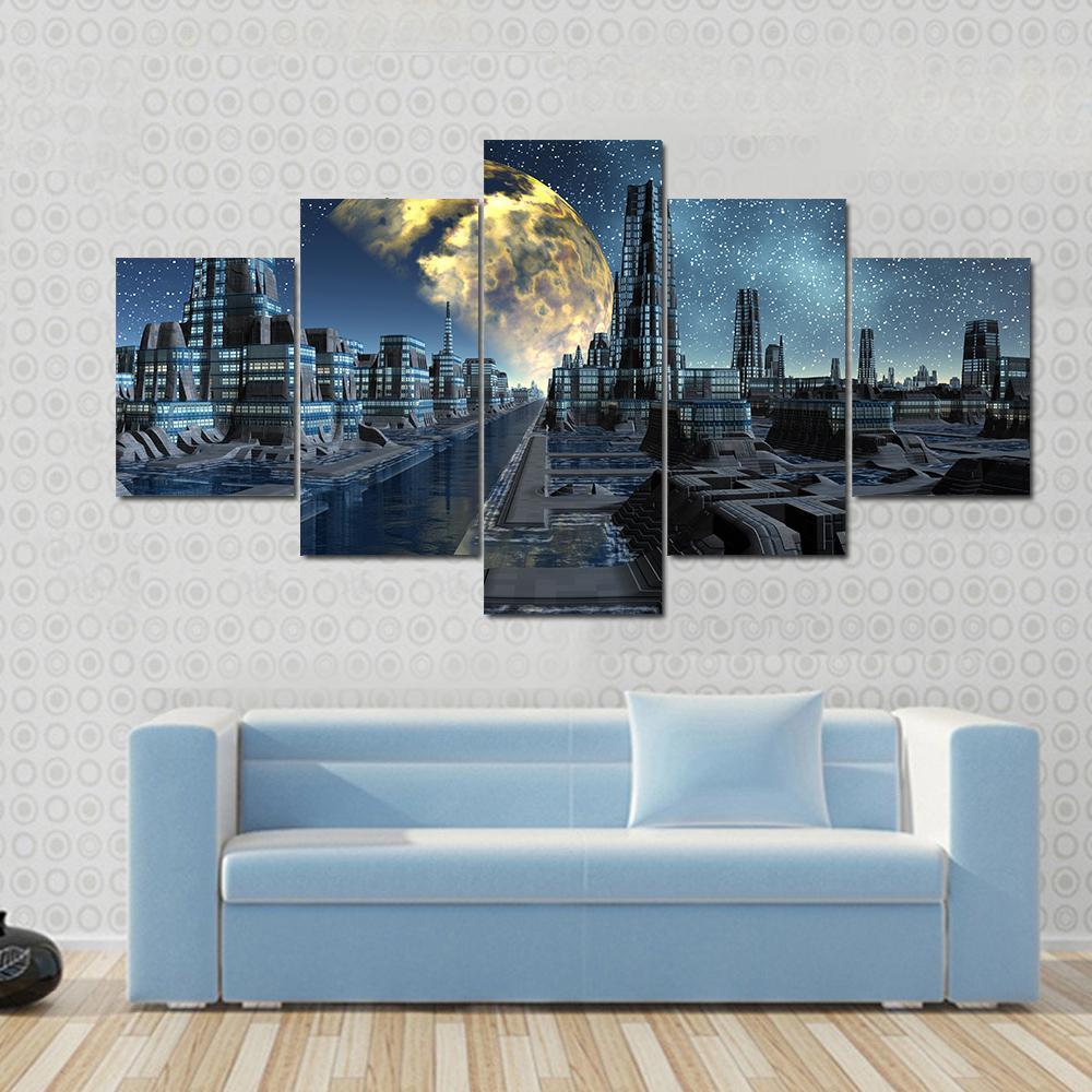 Futuristic Alien City Base Canvas Wall Art-5 Star-Gallery Wrap-62" x 32"-Tiaracle