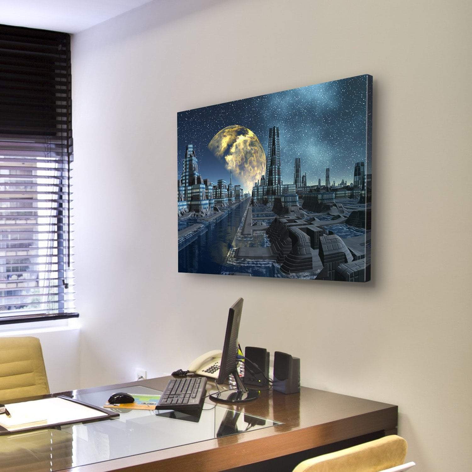 Futuristic Alien City Base Canvas Wall Art-4 Pop-Gallery Wrap-50" x 32"-Tiaracle