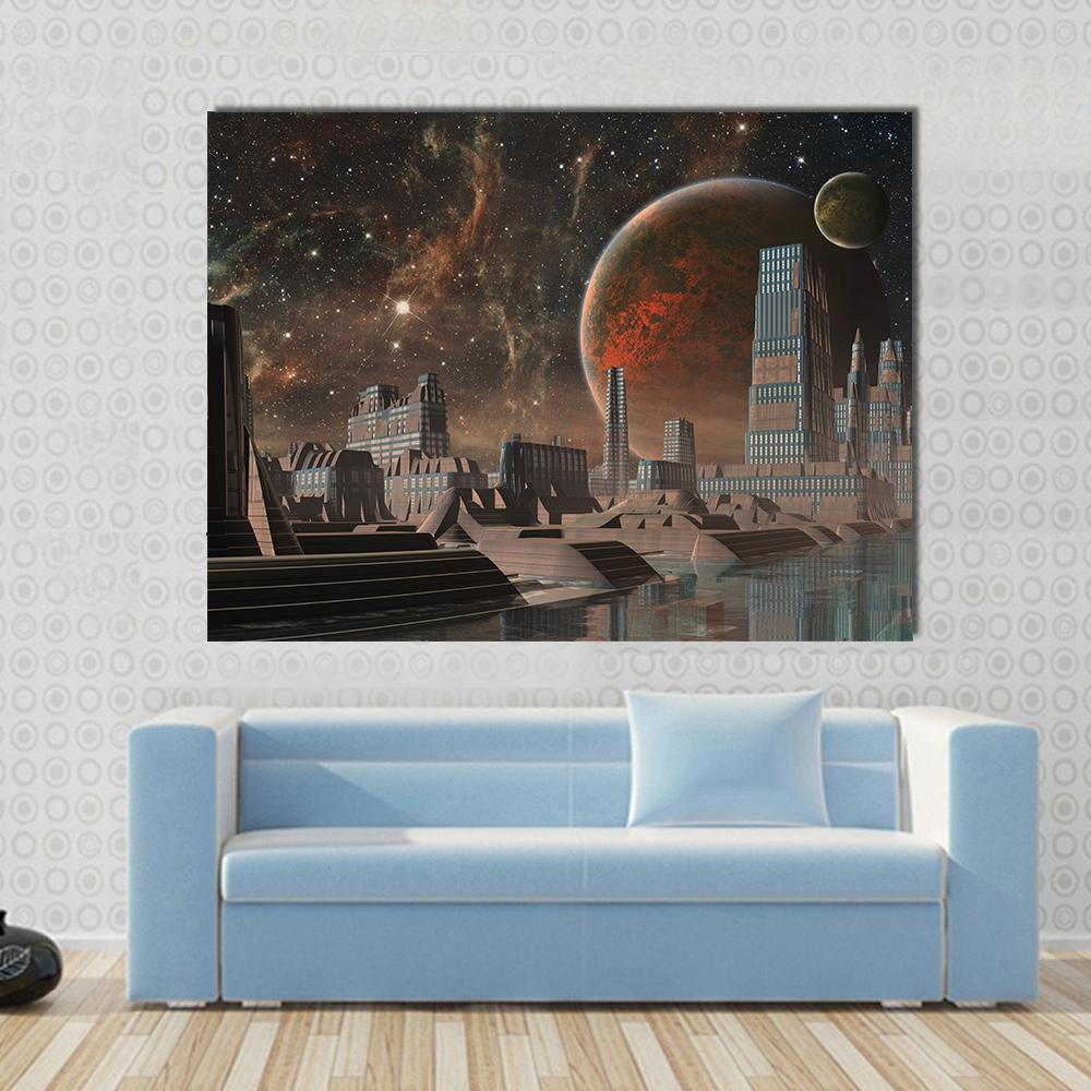 Futuristic Alien City Canvas Wall Art in black, brown and orange, single panel hung on a wall