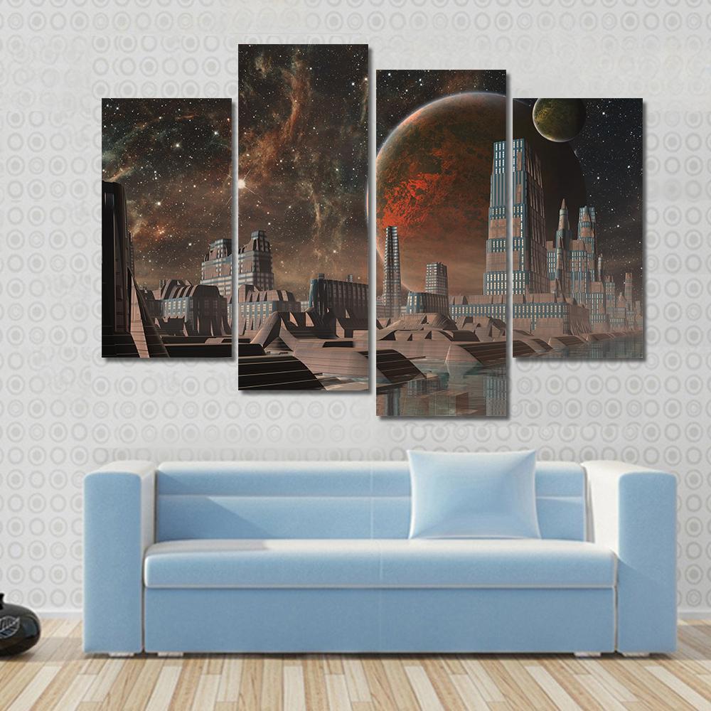 Futuristic Alien City Canvas Wall Art-4 Pop-Gallery Wrap-50" x 32"-Tiaracle