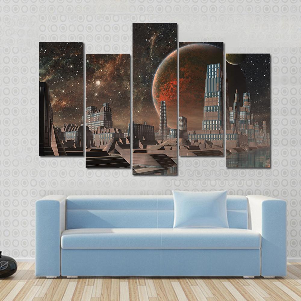 Futuristic Alien City Canvas Wall Art-5 Pop-Gallery Wrap-47" x 32"-Tiaracle
